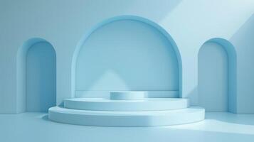 A blue room with a blue archway and a blue stage photo