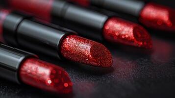 A row of red and black lipsticks with glitter on the tips photo