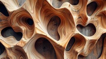 The image is a wood carving of a tree trunk with many holes and curves photo