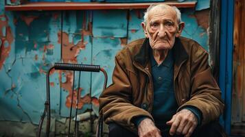An old man sits on a chair with a cane photo