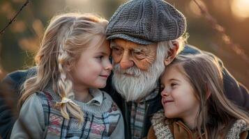 A man with a hat and beard is hugging two young girls photo
