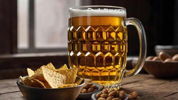 Lager beer and snacks nachos and nuts on a rustic wooden table photo