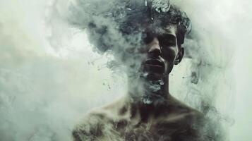 A man with a face covered in smoke photo