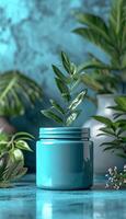 a cylindrical container with a lid, placed on a textured surface against a blue background, ideal for a branding or product design mockup photo