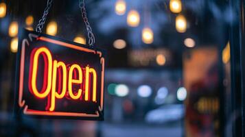 neon sign with the word Open in red, indicating that an establishment is welcoming customers and is currently operational photo