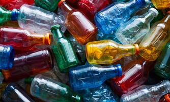 Heap of used empty multicolor plastic bottles, close-up background, separate waste collection, environmental pollution photo