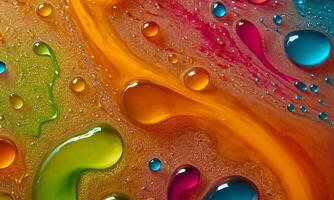 Bright abstract colorful liquid background with transparent multi-colored drops and bubbles photo