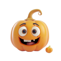 A cute 3D cartoon pumpkin mascot character with big eyes and a toothy grin. png