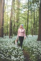 Smiling traveller with her faithful brown and white dog walks along a forest path surrounded by flowering bear garlic. Hiking lifestyle photo