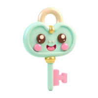 A cute 3d render of a key with a face on it. The key is green and pink with a gold handle. png