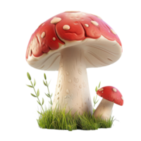 A red and white spotted mushroom with a white stem and a small red mushroom next to it. Both are sitting on green grass. png
