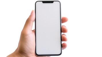 Man hand holding the smartphone with a blank screen isolated on a white background. Device mockup, mobile mockup concept. photo