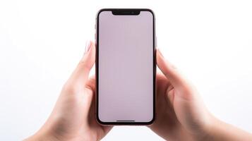 Man hand holding the smartphone with a blank screen isolated on a white background. Device mockup, mobile mockup concept. photo