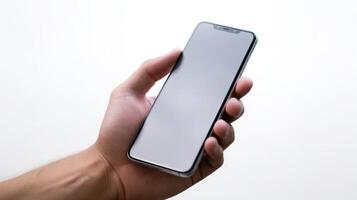 Man hand holding the smartphone with a blank screen isolated on a white background. Device mockup, mobile mockup concept. photo