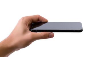 Man hand holding the smartphone with a blank screen isolated on a white background. Device mockup, mobile mockup concept. photo