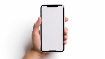 Man hand holding the smartphone with a blank screen isolated on a white background. Device mockup, mobile mockup concept. photo