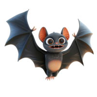 A cute cartoon bat with big eyes and a happy expression on its face is flying through the air with its wings spread wide. png