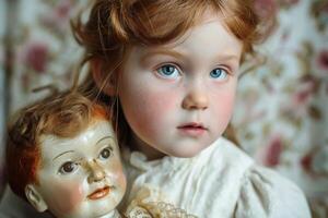 A little girl with a percelain doll with the same face as the girl. AI generate photo