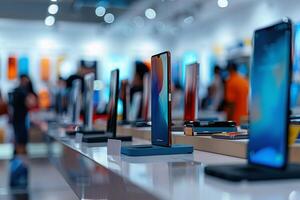 A smartphone store with the latest smartphones and people with a soft bokeh in the background. AI generate photo