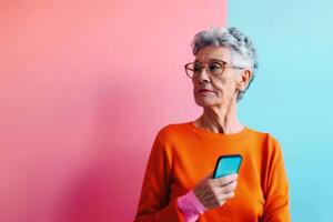 A retired woman with her smartphone and a pastell color background. AI generate photo
