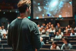 A professor giving a lecture about space galaxies and the universe. AI generate photo