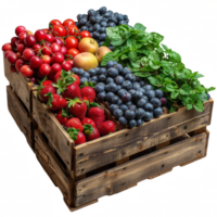 Fresh fruits and vegetables in a wooden box on transparent background png