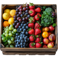 Fresh fruits and vegetables in a wooden box on transparent background png