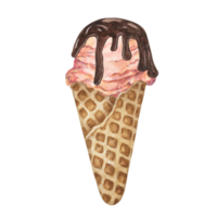 Strawberry, raspberry, sakura, lychee, rose or pink lemonade ice cream scoop with cholate topping in waffle cone clipart. Dessert watercolor illustration for labels, menu, culinary design, summer fair png