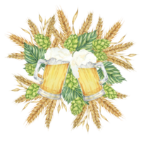 Frothy beer mugs with light lager and barley ears, wheat stalks and green hops around. Cheers or Oktoberfest composition in watercolor. Clipart for festive designs, card, brewery, flyer, coaster png