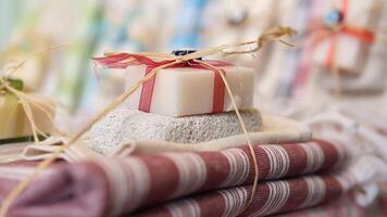 Handmade Soap and Towels on Display with Stylish Wrapping, Crafted with Attention to Detail video