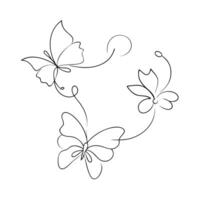 Flying butterfly continuous one line art 3 pcs set vector