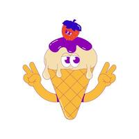 Funky ice cream with hands. A scoop of ice cream with chocolate in waffle cone and strawberry with cute faces. Cute character dessert mascot in groovy style. surrealism illustration in bright vector