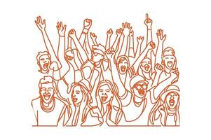 a cheerful crowd cheering with hands up, vector
