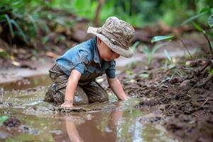 A kid playing in the mud being dirty all over. AI generate photo
