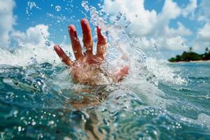 A hand in need for help emerges from splashing ocean waves. AI generate photo