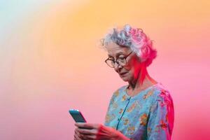 A retired woman with her smartphone and a pastell color background. AI generate photo