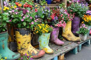 A colorful display of flowers and herbs planted in upcycled containers like old boots and teapots. AI generate photo