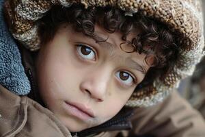 Fictitious depiction of a poor little boy looking into the camera. AI generate photo