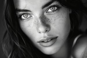 A mesmerizing portrait of a beautiful woman in black and white. AI generate photo