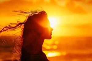 A person in profile standing against a vibrant sunset backdrop creating a golden silhouette. AI generate photo