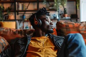 A man sits on a couch and relaxes with headphones while listening to music AI generate photo