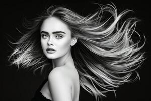 A mesmerizing portrait of a beautiful woman in black and white. AI generate photo