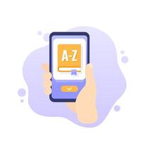 dictionary mobile app, phone in hand vector