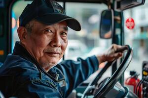 A friendly bus driver at work. AI generate photo
