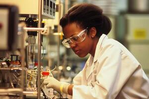A female scientist in a lab coat conducting an experiment with focused concentration. AI generate photo
