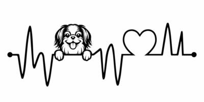 Heartbeat pulse line with Japanese Chin Dog Peeking - Dog and Cardiogram wave with Heart Love illustration vector