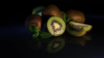 Kiwi fruit and mint leaves rotate on a table on a black background. video