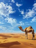 Camel Wandering in Vast Desert Dunes at Sunset photo