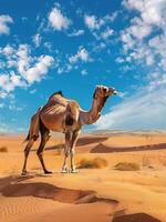 Camel Wandering in Vast Desert Dunes at Sunset photo