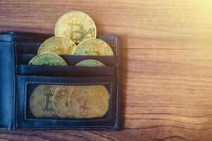 Group of Bitcoin token in leather wallet. Bitcoin is one of the popular cryptocurrency, a virtual currency or a digital currency. photo